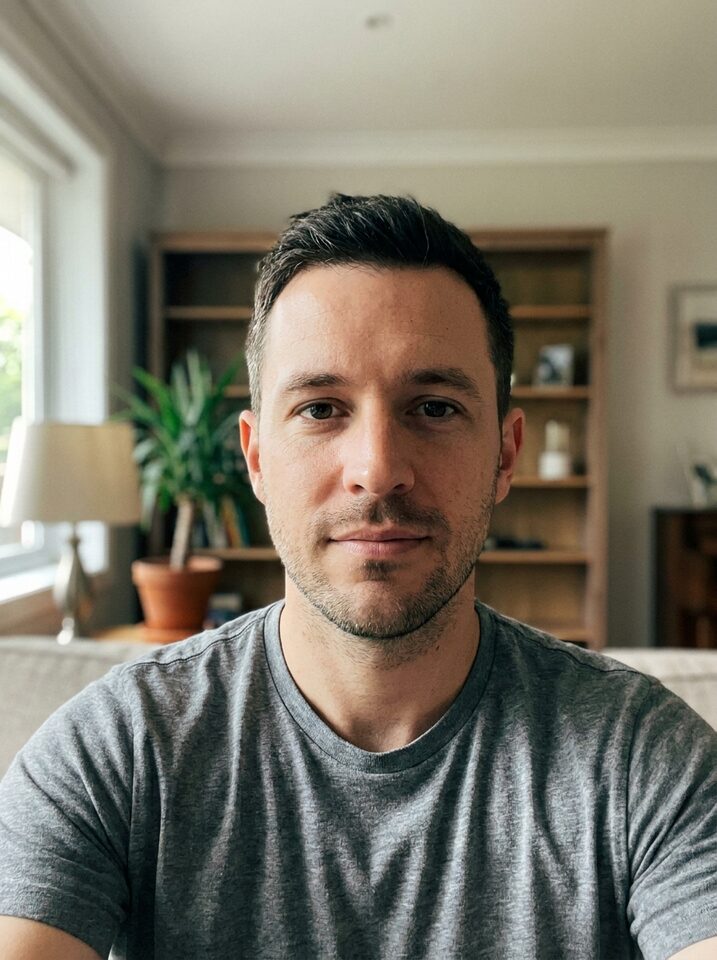 A phone selfie of a man with short dark hair and stubble in a grey t-shirt, in a living room.